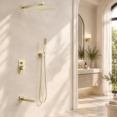 Système de douche à pression équilibrée à 3 fonctions certifié CUPC avec pommeau de douche effet pluie de 30,5 cm (12 po) en acier inoxydable SUS304, base et sortie en cuivre, flexible en acier inoxydable, fixation murale 88050-12