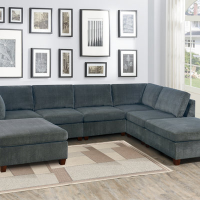 Ensemble de salon modulaire en chenille gris modulaire 7 pièces U-modulaire 2X coin coin 3X chaises sans accoudoirs et 2X contreplaqué de repose-pieds