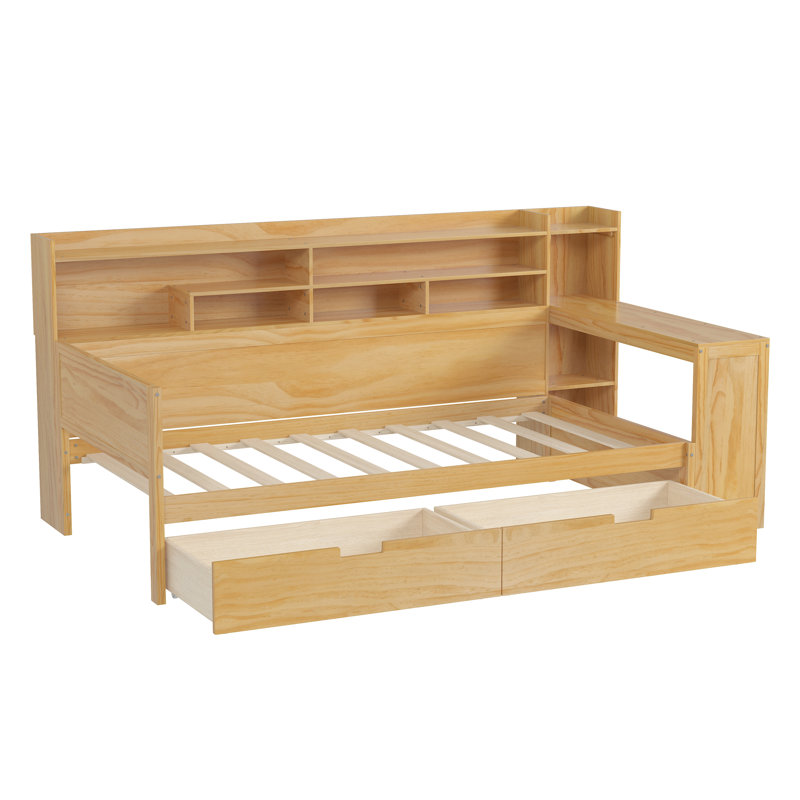 Lit de jour en bois avec tablettes de rangement, tiroirs et bureau Dexter, Lit simple, Naturel