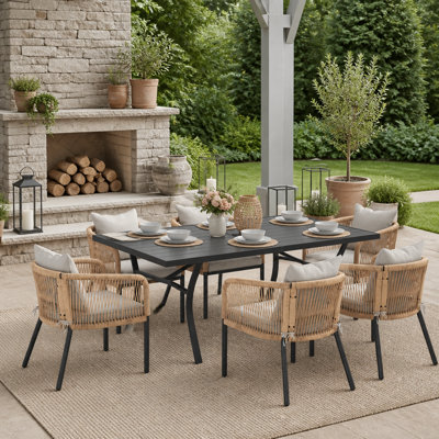 Ensemble repas d'extérieur rectangulaire pour 6 personnes avec fauteuils et coussins en rotin PE