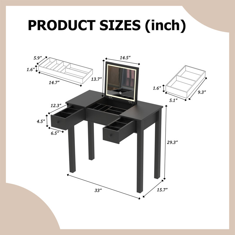 Black Make Up Vanity with LED Lights and Flip-Top Mirror