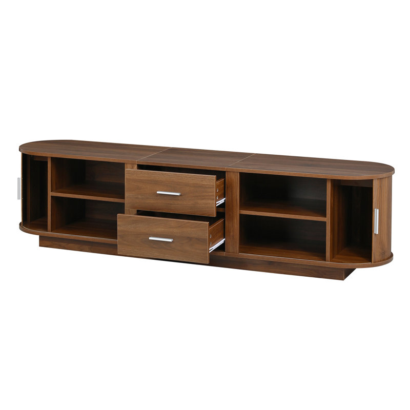 Meuble télé moderne avec tiroirs, rangement coulissant caché, coins arrondis et surface imperméable, convient aux téléviseurs de 65 à 70 po