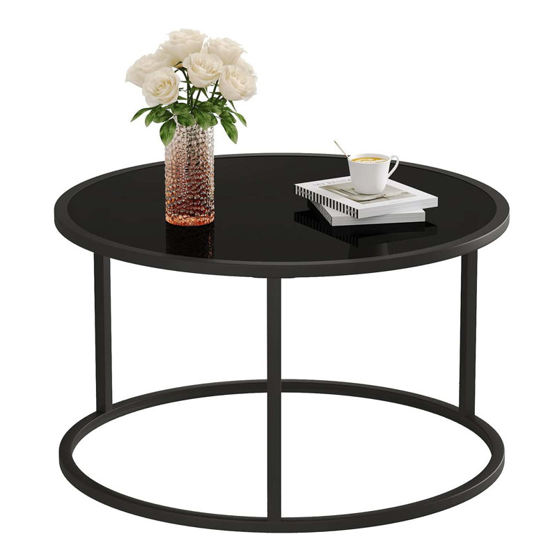 Black Round Glass Coffee Table with Tempered Glass Top