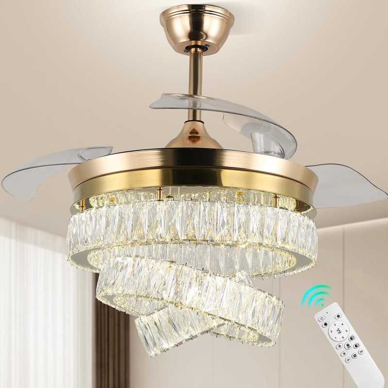 Fandelier Ceiling Fan With Light, LED Crystal Chandelier Ceiling Fan With Remote Retractable Chandeliers Fan For Bedroom Living Room, Timing 6 Speed Reversible