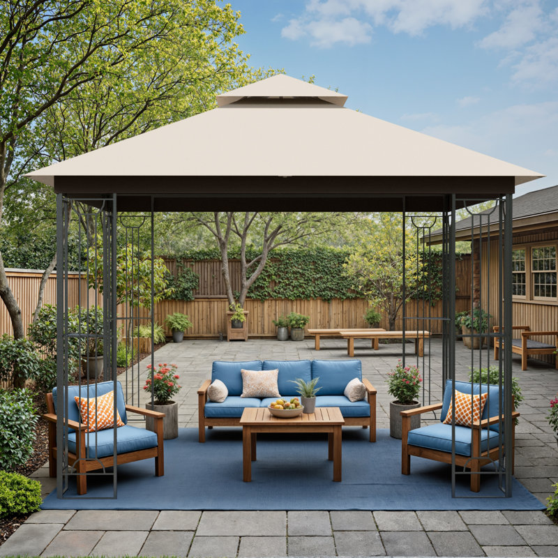 10 pi. L 10 pi. D Pavillon de jardin en acier avec toit à deux niveaux, 4 tablettes d'angle et moustiquaire