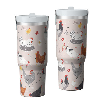 30 oz Tumbler  with Lid and handle  Stainless steel  Insulated tumblers  Cute water bottle with Flip(chicken pattern)