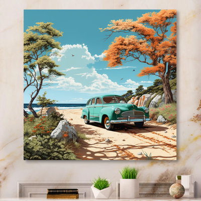 Vintage Oldtimer Classic Turquoise Car Beachside I sur impression sur toile