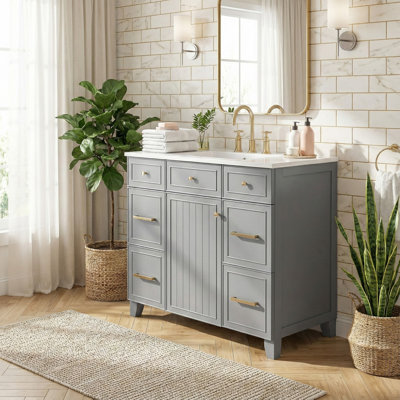 Meuble-lavabo vert 36 po Zorindale, plateau en céramique, structure en bois massif