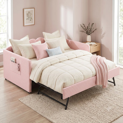 Lit de jour classique rembourré en bois massif avec lit gigogne convertible en bois massif pour chambre d'amis Gingham Classic