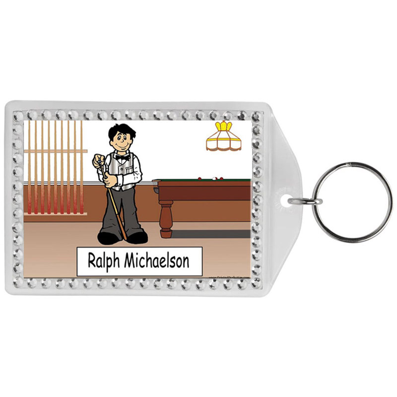 Personalized Name That Toon Pool Player, Billiards - Male Rhinestone Bordered Key Chain, Yes