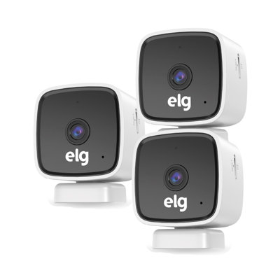Caméra de sécurité intérieure ELG SHCI603K3, lot de 3, 1080p, Wi-Fi, bouton SOS, vision nocturne, audio bidirectionnel, détection de mouvement, carte SD 128 Go + stockage infonuagique, blanche