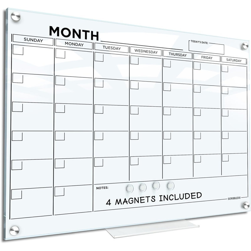 Magnetic 18”x24” Glass Whiteboard Calendar Planner