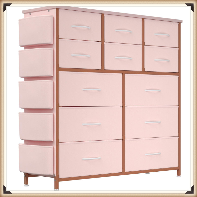 12 Drawer Dresser with Side Pockets & Hooks, Fabric Chest of Drawers for Bedroom, Sturdy Steel Frame, Wood Top