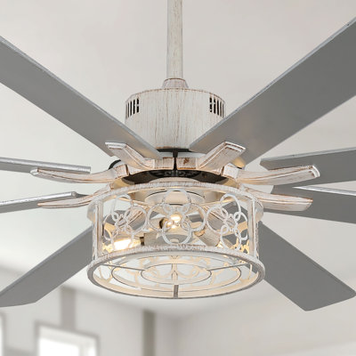 Clercq 72" Extra Large Ceiling Fan with Lights Farmhouse Caged Ceiling Fan with Remote, Distressed White Reversible Ceiling Fan