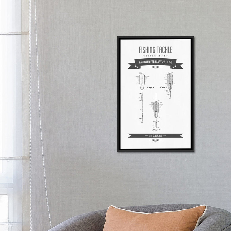 " Raymond McVay Fishing Tackle Patent Sketch Retro (Charcoal) " by Aged Pixel, 26" H x 18" W x 1.5" D, No Mat