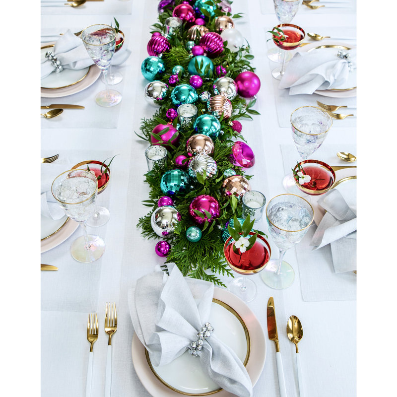 Festive Plain Linen Table Runner, 108" x 14", White/Festive Shimmer