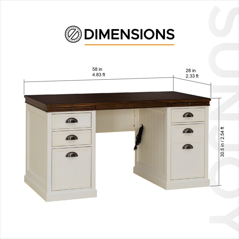 Bureau à double caisson Sunjoy Richland 58'', poste de travail informatique avec station de recharge, quatre tiroirs et un placard.
