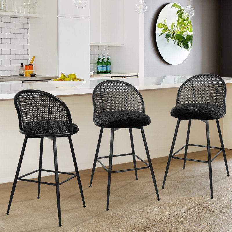 Black Metal Swivel Bar Stools with Rattan Backs, Set of 3