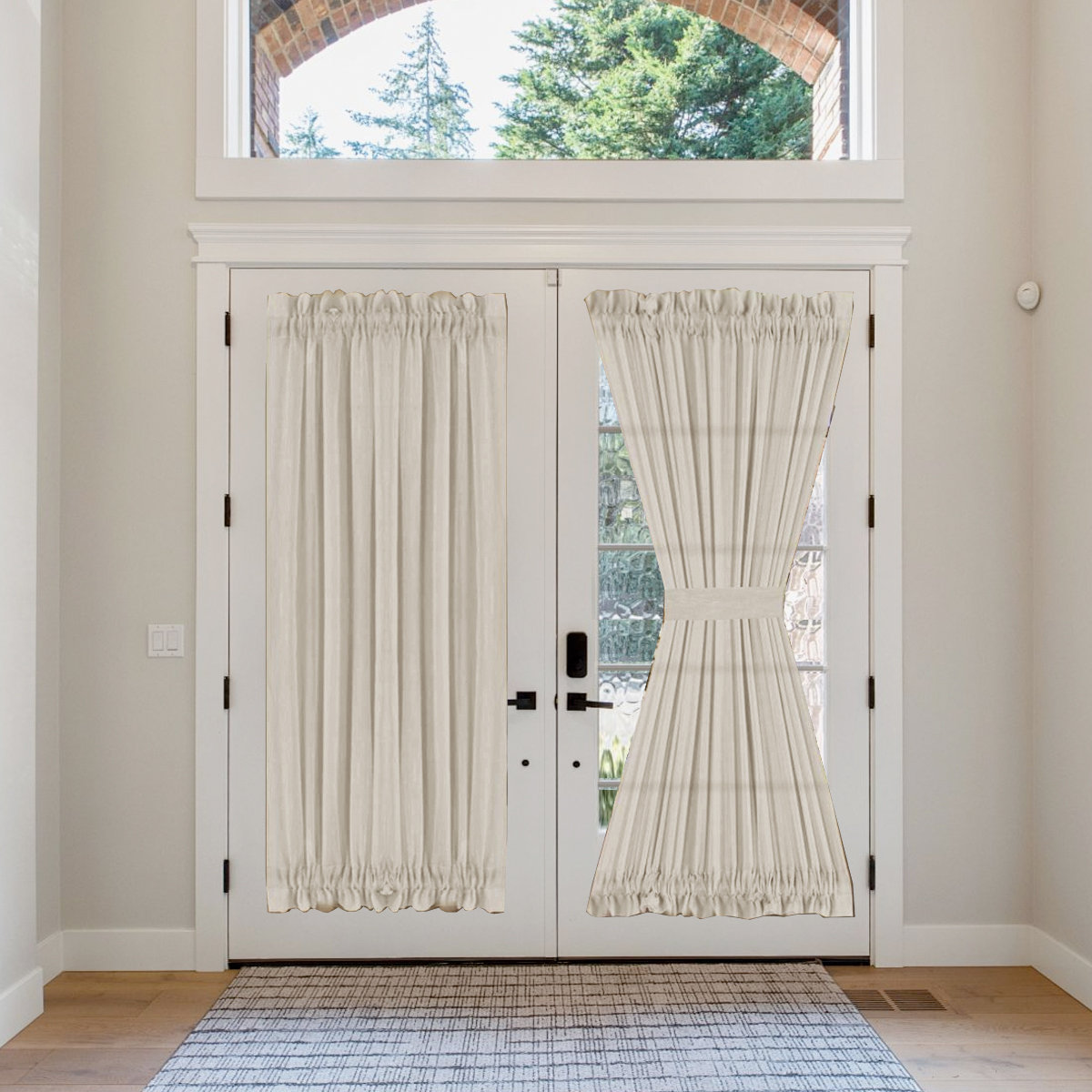 Ebern Designs Linen French Door Curtains Privacy Light Reducing Door Curtain with Tieback | Rod Pocket Curtain 1 Panel for Glass Door Feature Open Weave Textured Linen & Reviews | Wayfair