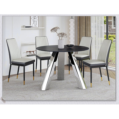 42-Inch Round Granite Top Dining Table with Stainless Steel Legs and Four PU Chairs, Perfect for Modern Homes