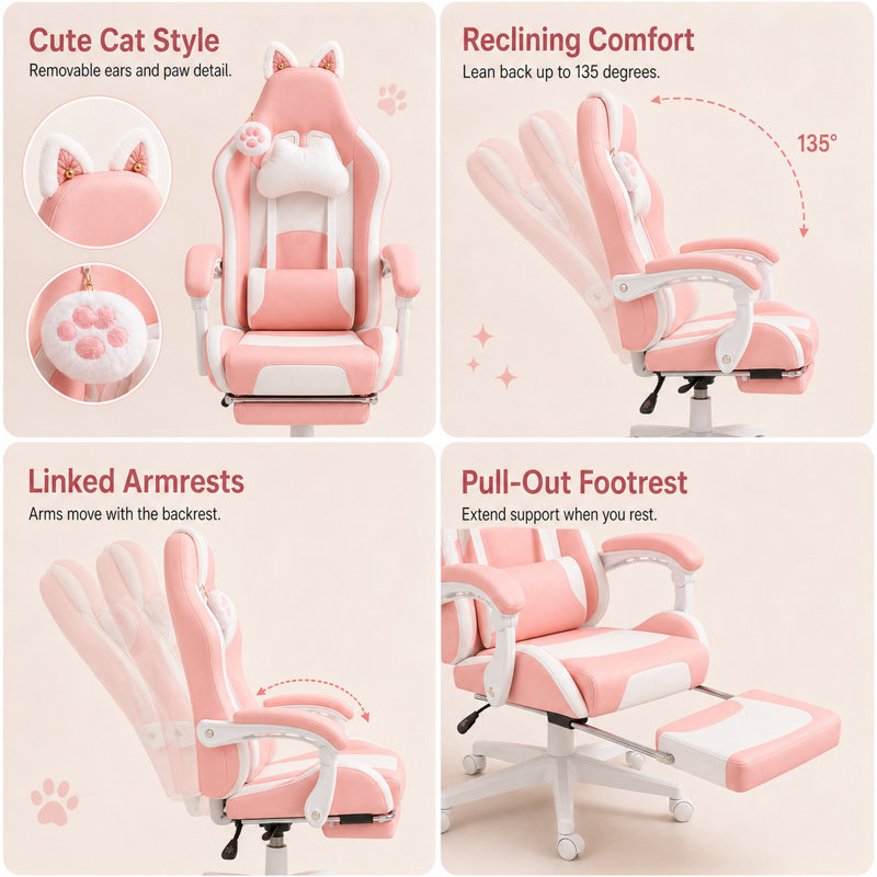 Fauteuil de jeu de course mignon et durable, fauteuil de jeu en similicuir avec repose-pieds, appui-tête et soutien lombaire