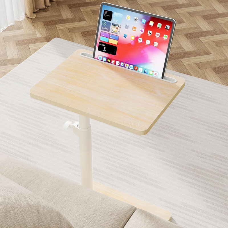 Sofa Armrest Tray Table For Couch , 360° Swivel Height Adjustable End For Small Spaces, Snack Side Table For Bed Or Chair With Phone,Tablet Slot