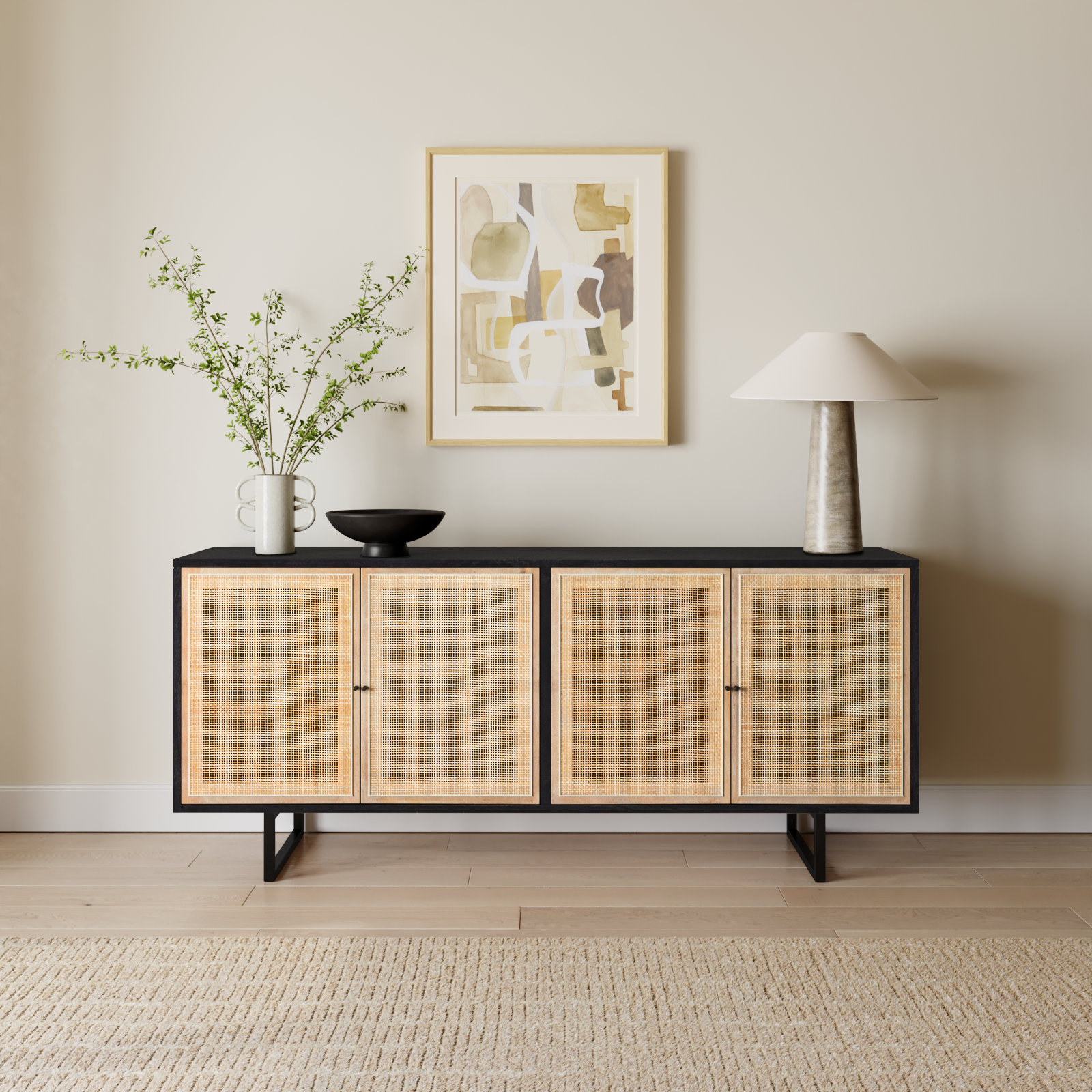 Carmel Mango Sideboard, Black Wash with Natural Cane