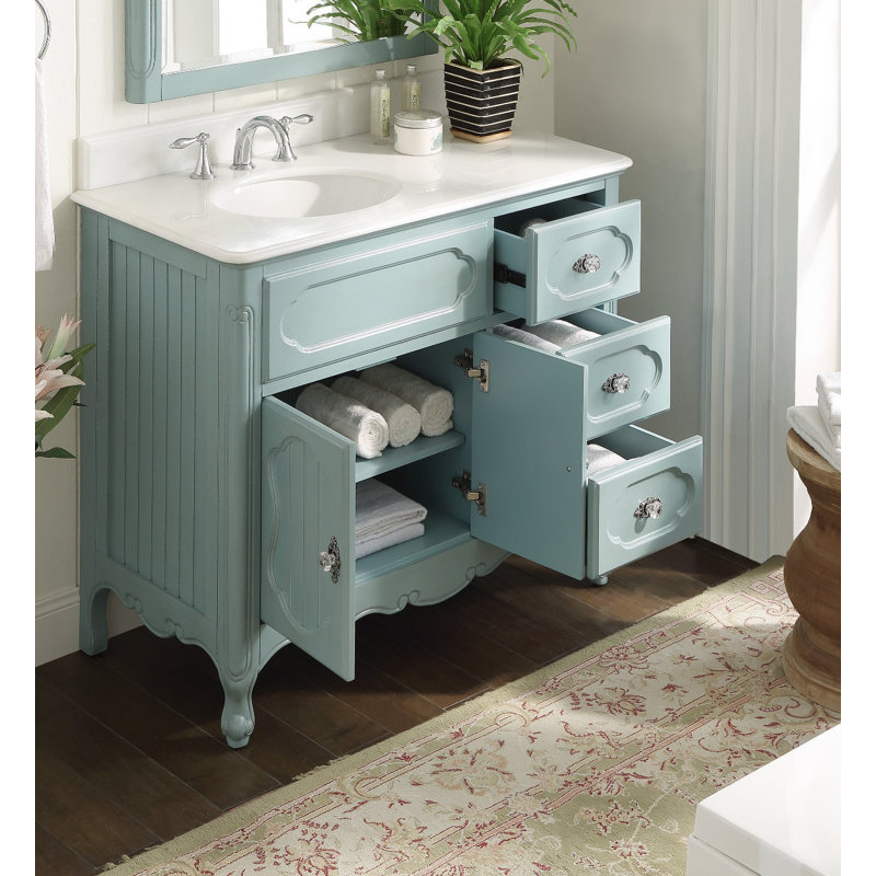 Benton Collection 42 Inch Victorian Cottage Freestanding Light Blue Knoxville Bathroom Vanity, Single Sink, Marble Top, Fully Assembled
