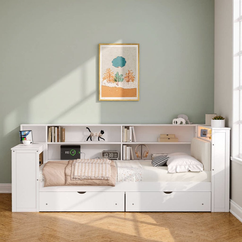Lit plateforme en bois avec tablettes de rangement, tiroirs, charge USB, tête de lit à DEL et bureau intégré, Blanc