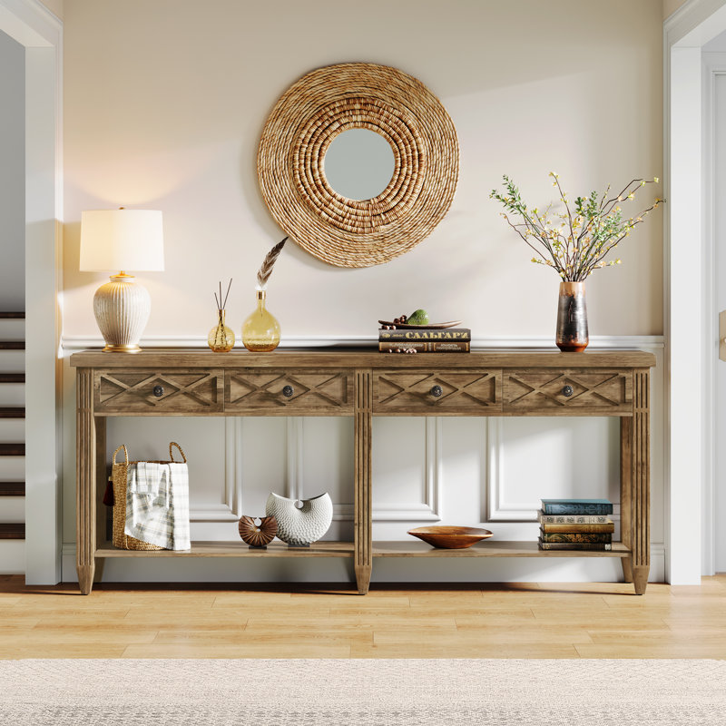 71-Inch 4-Drawer Extra Long Console Table, Farmhouse Sofa Tables with Bottom Storage Partition,