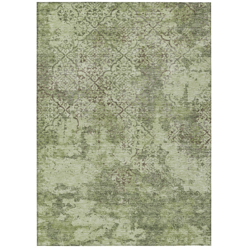 10' X 14' Artichoke Green And Fern Green Floral Washable Indoor Outdoor Area Rug