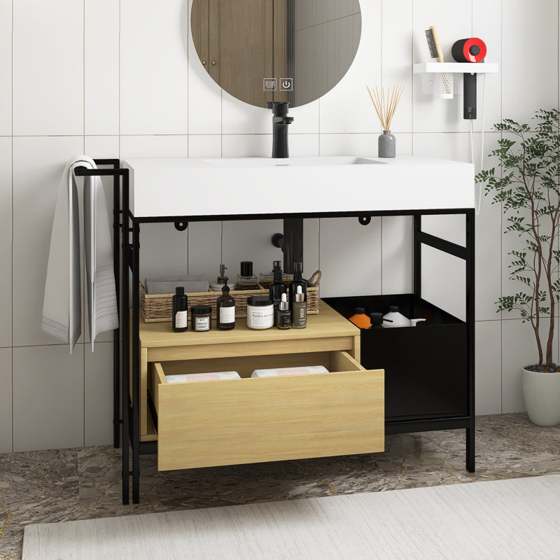 Industrial Style Modular Bathroom Vanity, With A Robust Metal Frame, Topped With A Seamless, Easy-To-Clean Artificial Stone Basin, Without Drainage And Faucet