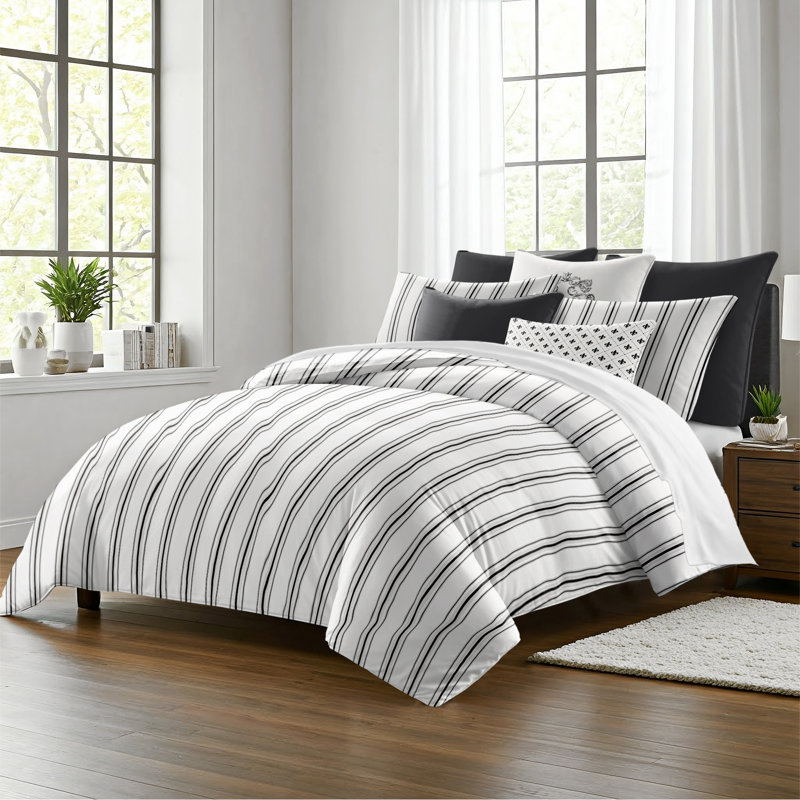 August Stripe Reversible Cotton Duvet Cover Set, Cal.King Duvet Cover + 2 King Shams, Ebony