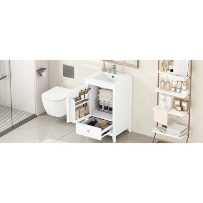 Meuble-lavabo blanc de 20 po avec lavabo, porte à fermeture douce, support de rangement, tiroir, tableau de haute qualité, finition peinte, forme rectangulaire, montage autoportant, installation de lavabo simple de 20 po en blanc