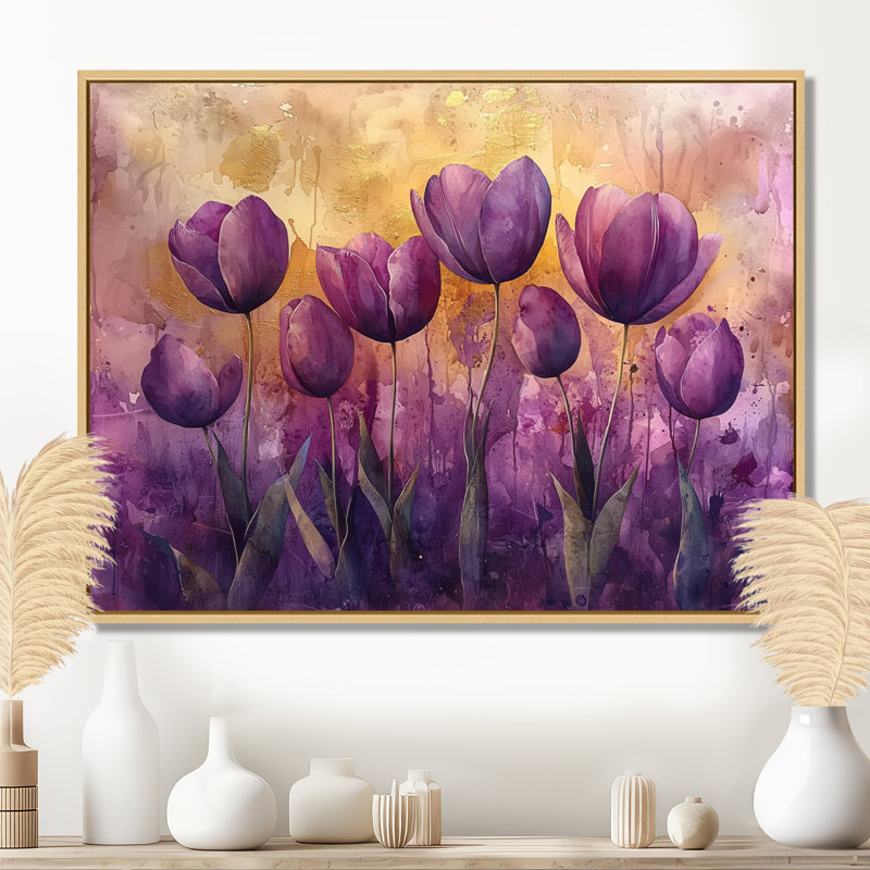 Mauve, or, paysage de rêve moderne, tulipes champ II - tulipes, art mural, Brun, H 12 po x l 20 po, Floater Framed