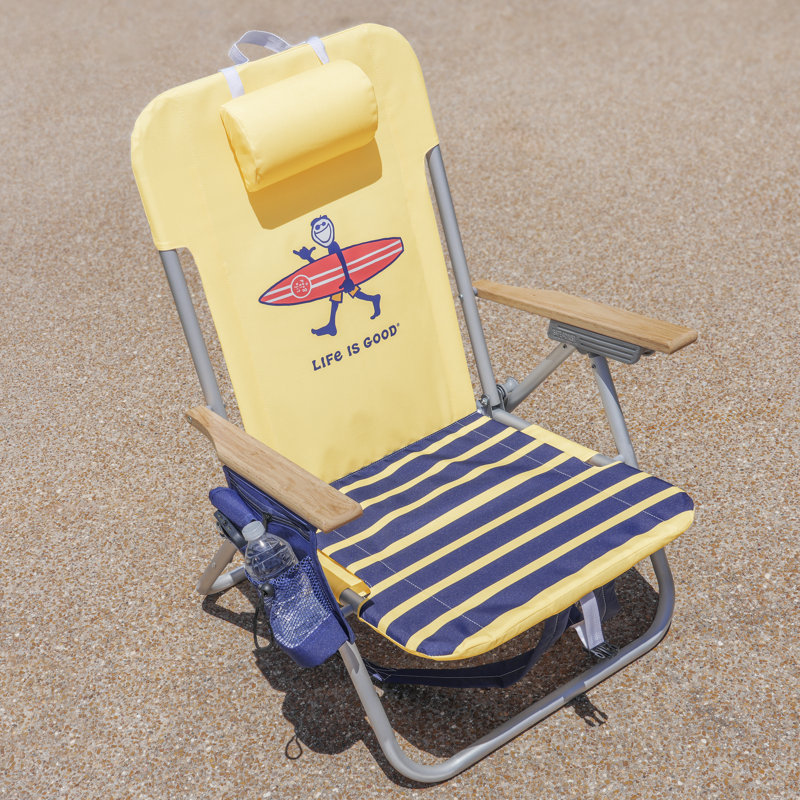 Life Is Good - Sac de plage en aluminium à 4 positions avec coussin et porte-gobelet - paquet de 2 - jaune et bleu marine
