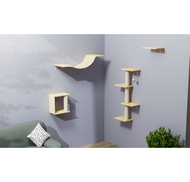 Ensemble de tablettes et de perchoirs muraux pour chat, ensemble de 4 pièces, design moderne pour chats, Bois naturel