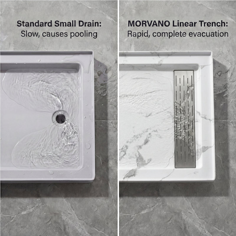 60”W x 32”D Rectangular Shower Pan Base with Stainless Steel Drain Cover, Marble-Look Acrylic, Right, Brushed Nickel