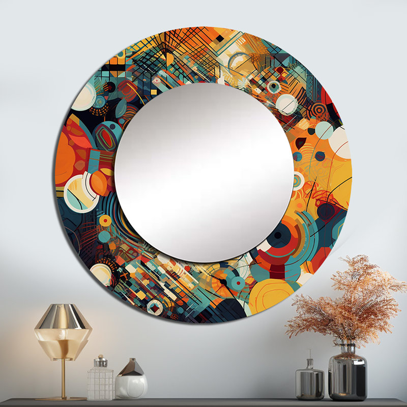 Paj Orange Retro Vibe Background III - Geometric Mirror, Orange Round Unique Wall Mirror, Printed Metal Art, 36" x 36"