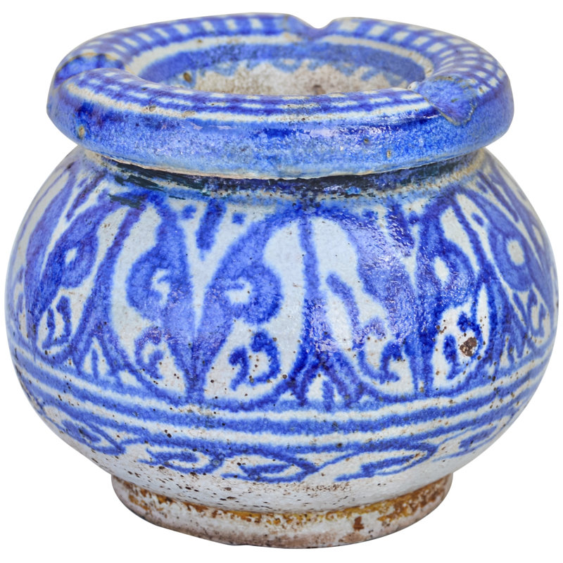 Cendrier en céramique à motif bleu marocain du début du 20e siècle fabriqué à la main