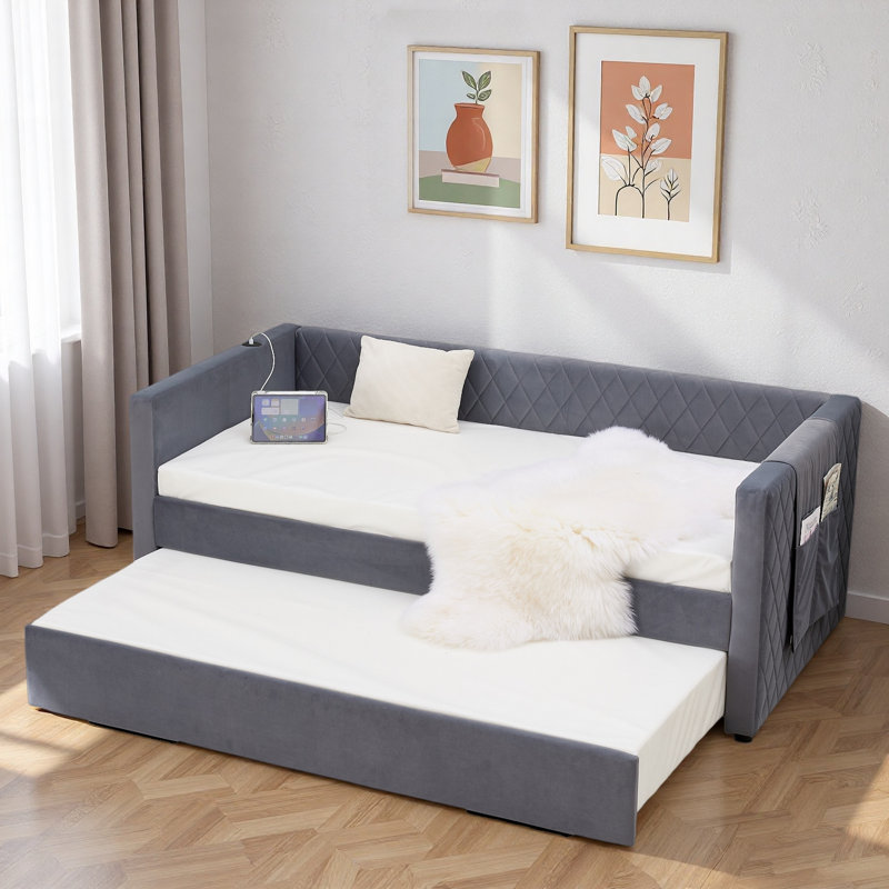 Diamond Grid Velvet Daybed With Usb Charging, Side Pocket And Trundle, Gray