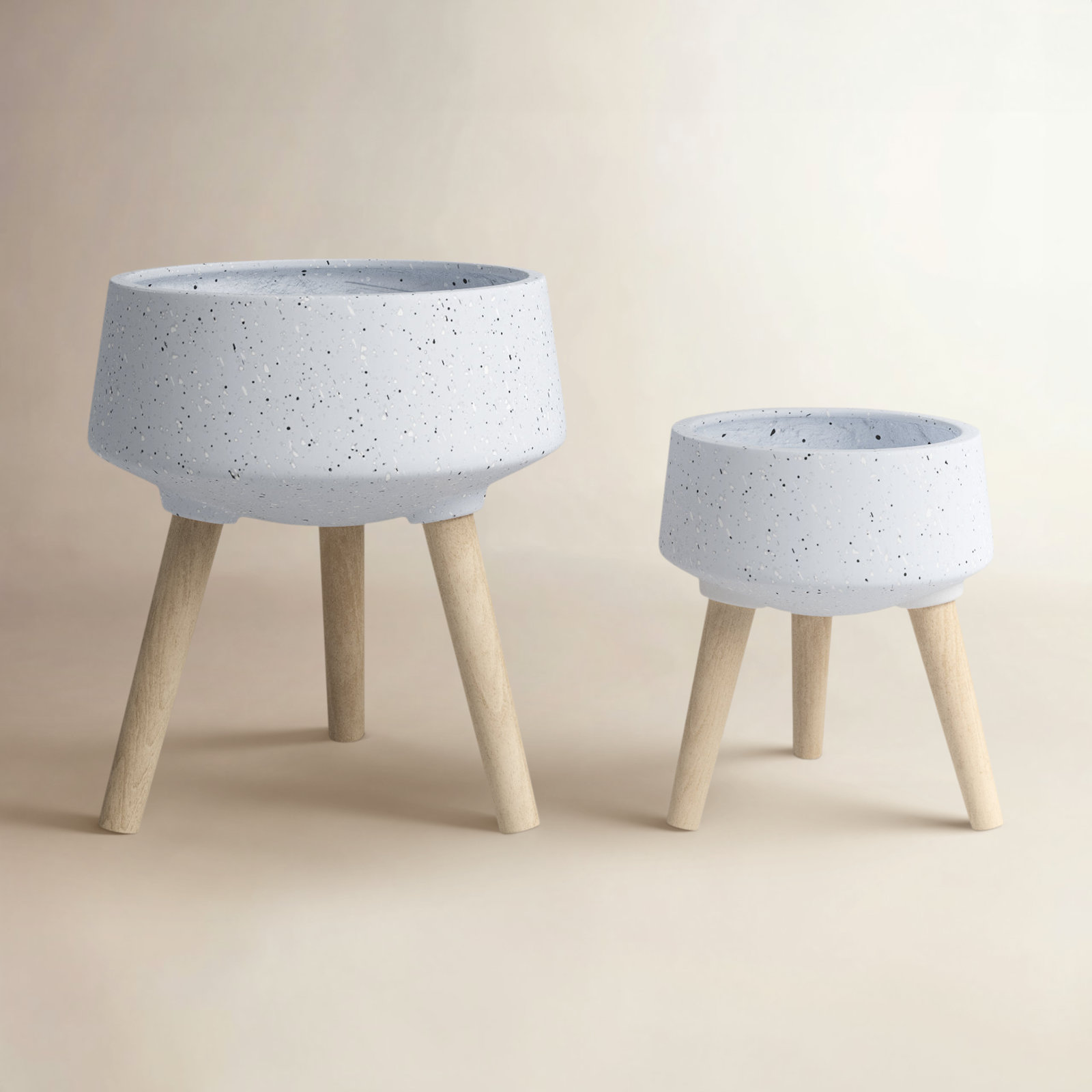 Set of 2 Resin and Magnesia Planters with Beech Wood Stands - Modern Elevated Indoor Outdoor Decorative Plant Holders for Stylish Display.