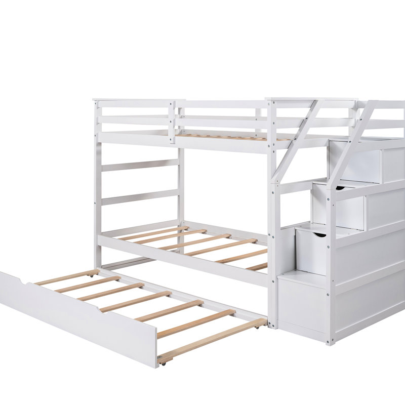 Lit superposé Twintwin avec lit gigogne et 3 escaliers de rangement blancs, Blanc