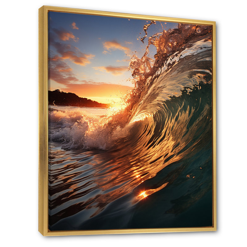 «Beach Photo Sunlit Waves» sur toile, L 30 po x H 40 po, Cadre flottant doré