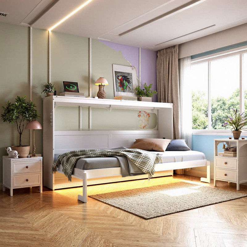 Grand lit escamotable imprimé grand et simple avec éclairage DEL et charge USB, Lit simple, Blanc