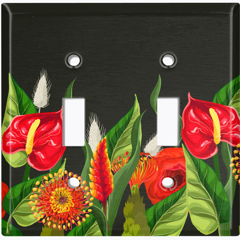 Metal Light Switch Plate Outlet Cover (Red Lily Flowers Green Leaves Black Print - Single Toggle)