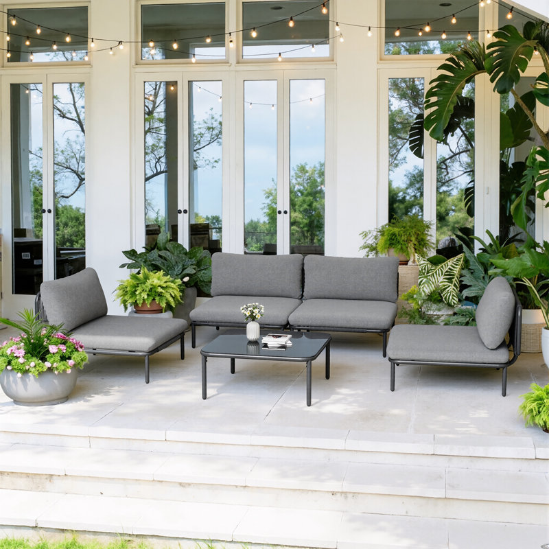 Canapé modulaire d'extérieur en métal pour 4 personnes avec table, Coussin gris / cadre noir