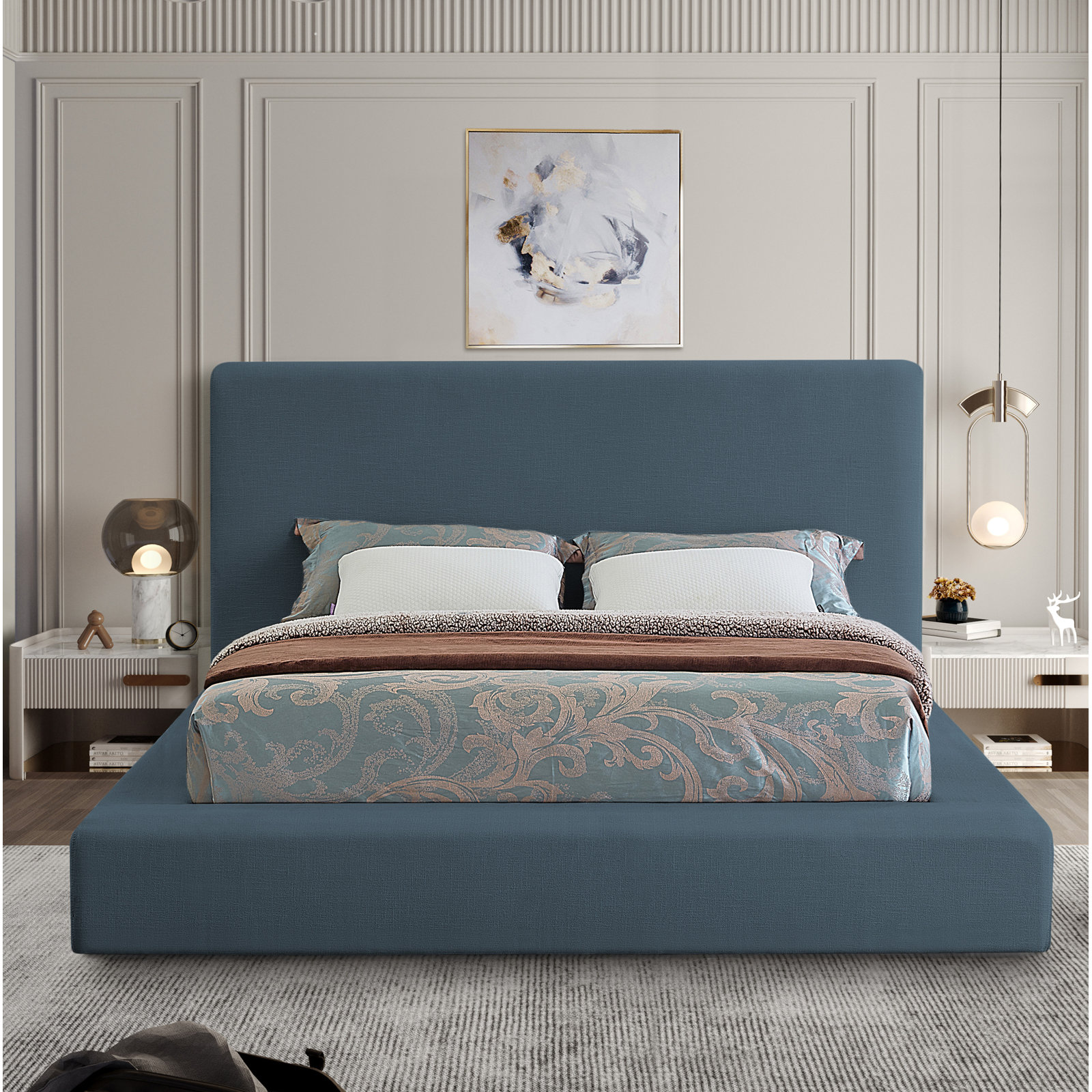 Ishia Velvet Upholstered Bed, King, Navy Linen