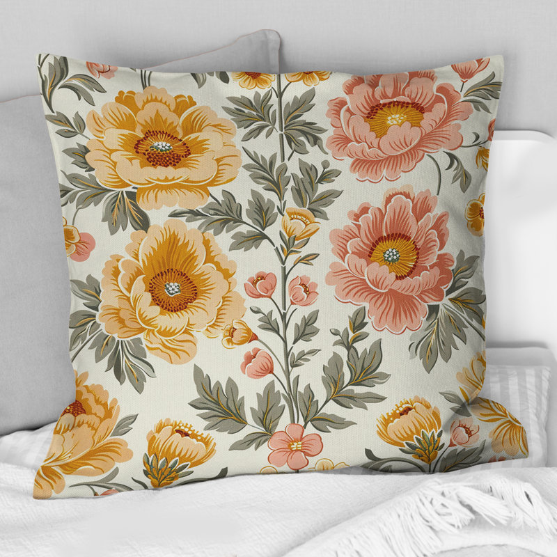 Motif de fleurs de campagne rose et or II - oreiller champêtre, H 16 po x l 16 po, Carrée