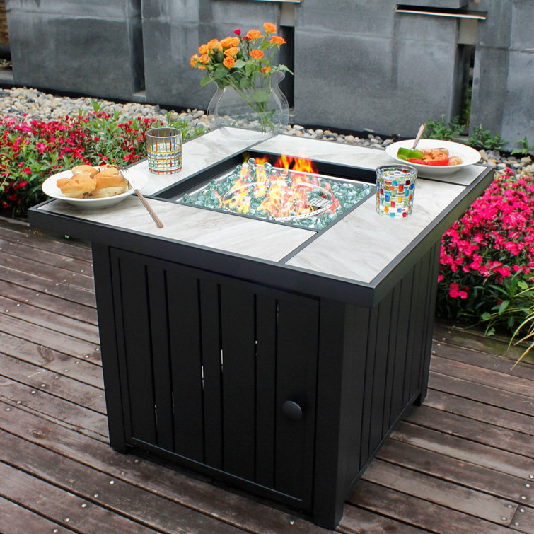 Mehalek 25" H x 30" W Propane Fire Pit Table with Lid, Outdoor Ceramic Tabletop Fire Pit